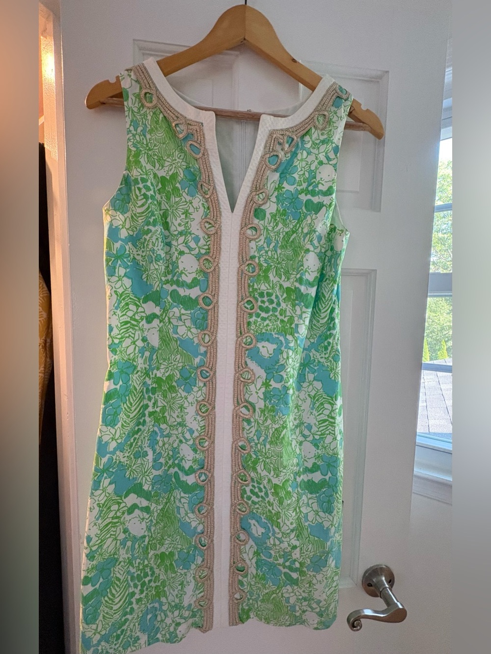 Lilly Pulitzer Green & Aqua Floral Shift Dress with gold trim